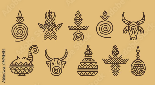 Collection of Ancient Tribal Symbols and Totems in a Line Art Style.