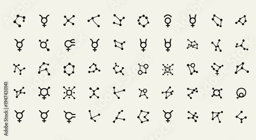 Collection of astrological and astronomical symbols and constellations.