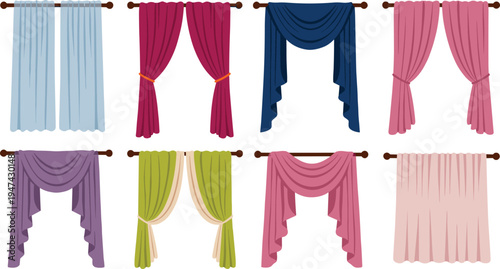 Vector illustration set of eight colorful curtains and window drapery styles including valances swags and tied back drapes for interior home decor and design