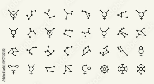 Collection of astrological symbols and constellation patterns representing celestial bodies and zodiac signs.