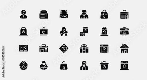 Collection of Black and White Business and Office Icons for Professional Use.