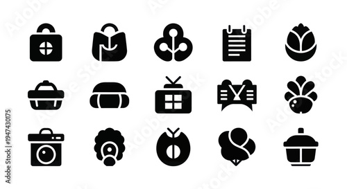 Collection of black silhouette icons representing various objects and concepts on a white background.