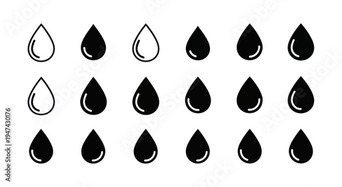 Collection of black and white water drop icons.