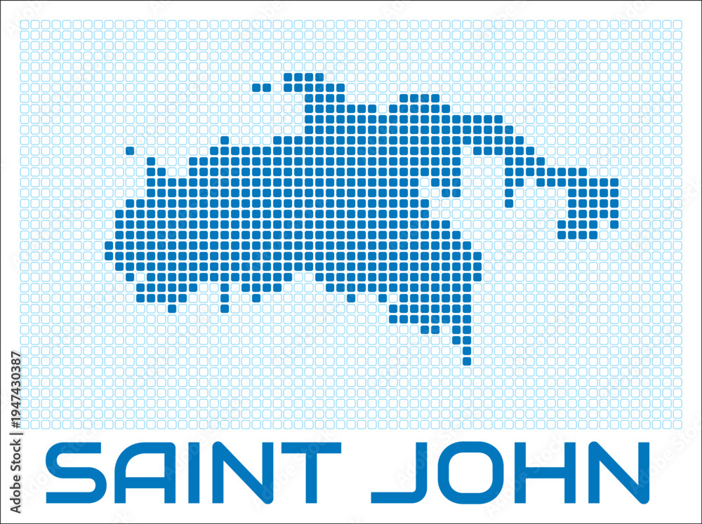Fototapeta premium Saint John digital style map with blue rounded rectangle dots. Virgin Islands (US). Dotted shape of the island. Saint John blue colored map and title on white background. Amazing Vector Illustration.