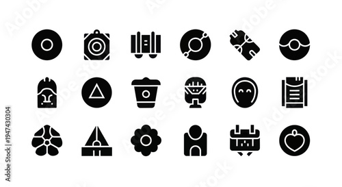 Collection of diverse black silhouette icons representing various objects and symbols.