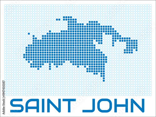 Saint John digital style map with blue rounded rectangle dots. Virgin Islands (US). Dotted shape of the island. Saint John blue colored map and title on white background. Amazing Vector Illustration.