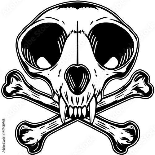 Detailed Skull & Crossbones Icon — Hand-Drawn Style with Nasal Cavity, Teeth & Bone Texture for Tattoo & Vintage Design
