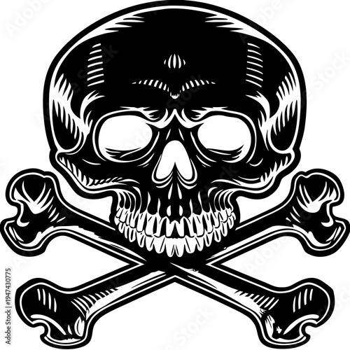 Engraved Skull & Crossbones Icon — Detailed Line-Art Style for Tattoo, Punk & Vintage Hazard Design
