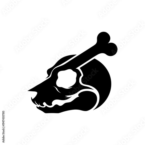 Animal Skull with Bone Icon — Stylized Black Silhouette for Paleontology, Pet Memorial & Gothic Design
