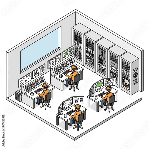 Isometric view of a control room with multiple operators monitoring systems.