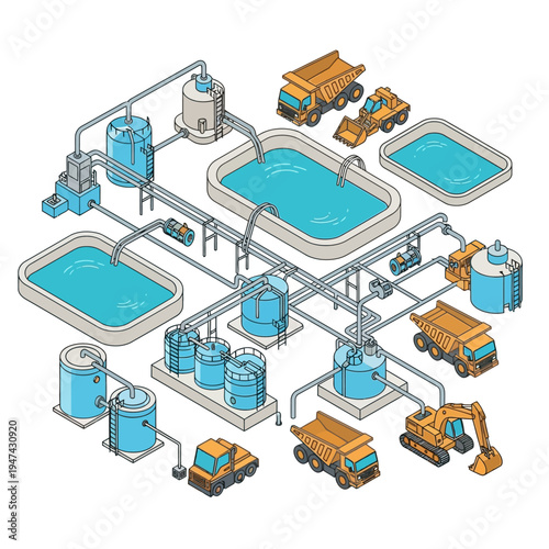Isometric illustration of a complex industrial process with tanks, trucks, and pools.