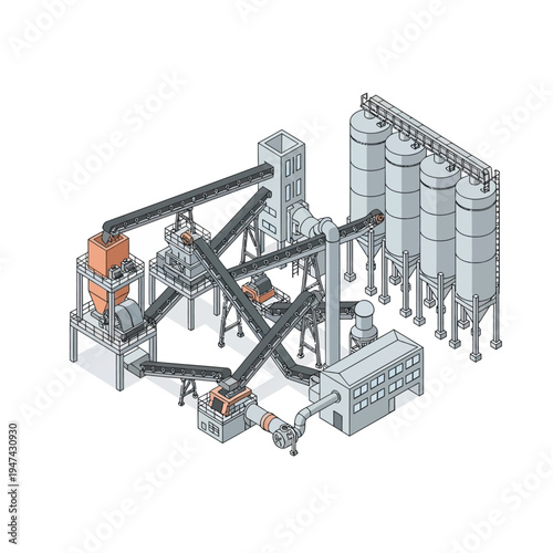 Isometric illustration of a complex industrial plant with various interconnected components.