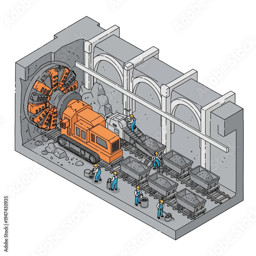 Illustration of a tunnel boring machine excavating a subterranean passage with workers.