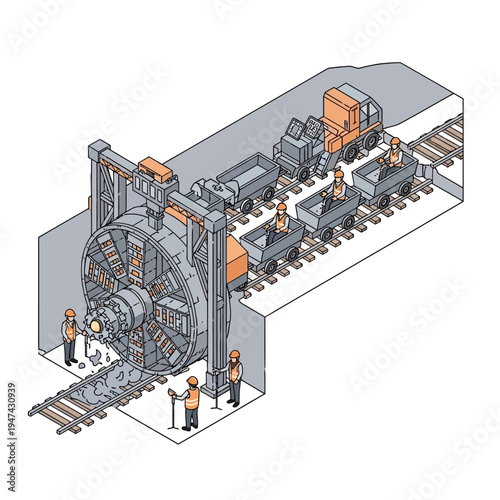 Illustration showing a tunnel boring machine in operation, excavating rock and loading mine carts.