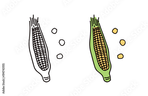 色ありと白黒のとうもろこしのイラストセット
