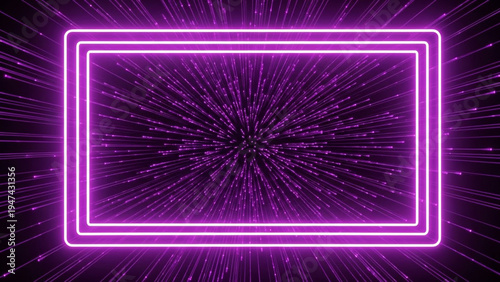 Glowing purple neon rectangle frame with radiant beams in dark background for futuristic advertising