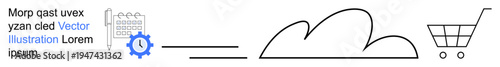 Technology, cloud storage, online shopping, workflow automation, data management, cloud computing. Gear icon, document cloud shape and shopping cart. Technology and cloud storage