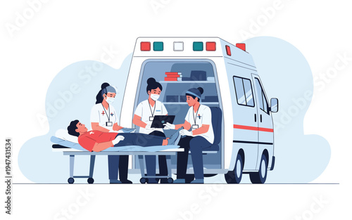 Emergency Medical Team Transferring Patient To Ambulance.