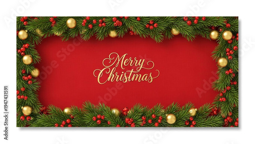 Christmas greeting card with green fir branches red berries gold ornaments on red background in festive holiday lighting for seasonal marketing