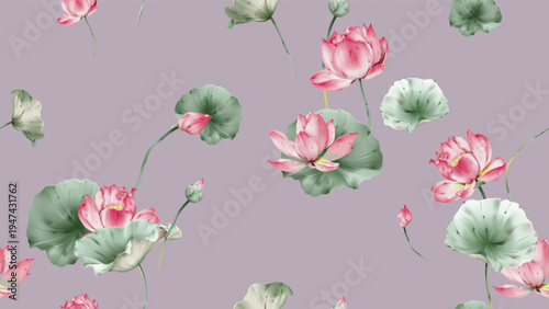 Floral seamless pattern featuring watercolor-style pink lotus flowers and green lily pads on a dusty lilac background