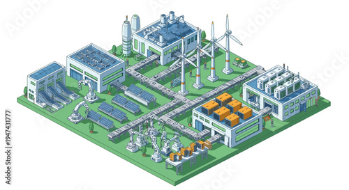 Isometric illustration of a renewable energy plant with people working, featuring solar panels, wind turbines, and industrial machinery on a green background.