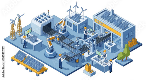 Isometric illustration of a renewable energy plant with people working around industrial machines and solar panels in a factory setting.