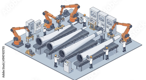 Isometric illustration of people working with robotic arms and machines in a renewable energy factory with a modern design layout on a gray background.