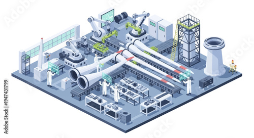 Isometric illustration of a renewable energy plant with people working around industrial machinery and pipes on a blue background, conveying a sense of modern industry and sustainable