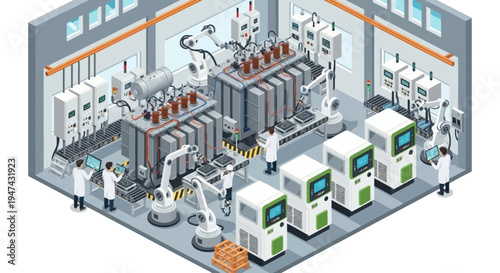 Isometric illustration of a renewable energy plant with people working among machines and equipment in a factory setting.
