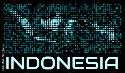 Indonesia digital dotted map. Shape of the country in cyan color palette on dark background. Futuristic Indonesia map design. Vector illustration.