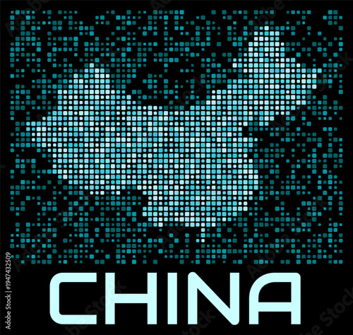 China digital dotted map. Shape of the country in cyan color palette on dark background. Futuristic China map design. Vector illustration.