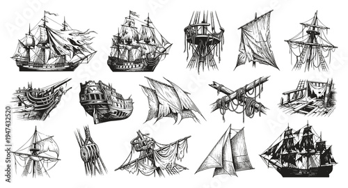Collection of vintage pirate ship and nautical illustrations. Hand-drawn sketches of galleons, tattered sails, and ship wreckage. High-contrast black and white maritime ink drawings.