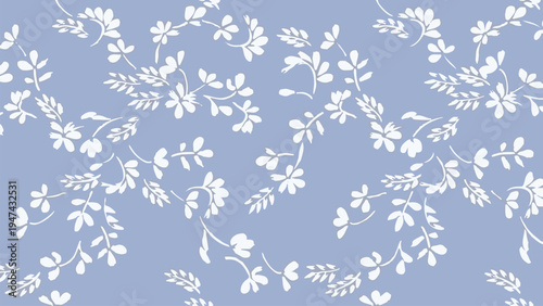Delicate white floral patterns on a soft blue background with leaves and flowers.
