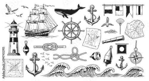 Set of vintage nautical and maritime illustrations. Hand-drawn sketches of sailing ships, anchors, lighthouses, and ocean waves. Retro seafaring elements on a clean white background.