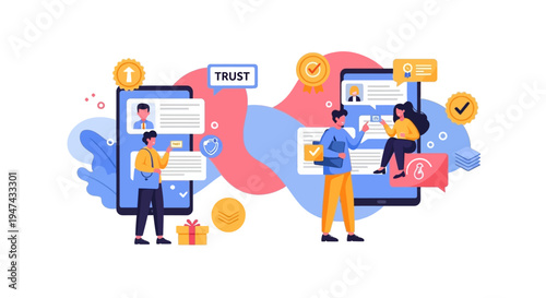 Colorful illustration of people engaging in online transactions with a focus on trust and security on World Consumer Rights Day, showcasing e-commerce and payment concepts.