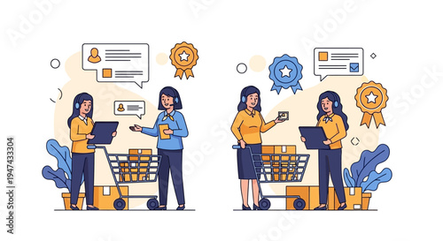 Colorful vector illustration of people shopping online with a focus on transaction security on World Consumer Rights Day, depicting buyers and e-commerce elements in a vibrant, iconic style.
