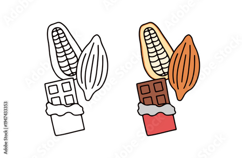 色ありと白黒のカカオとチョコレートのイラストセット