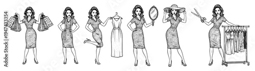 Retro woman fashion and shopping character set. 1950s style lady with shopping bags, dresses, and mirror. Hand-drawn vintage ink sketches for beauty, retail, and boutique branding.