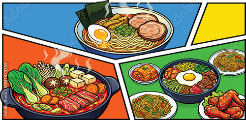 A vibrant and appetizing collage showcasing a variety of delicious Asian dishes, including ramen, hot pot, bibimbap, and Korean fried chicken