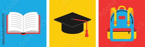 Colorful flat design education icons open book, graduation cap, and school backpack representing learning, academic achievement, and student life