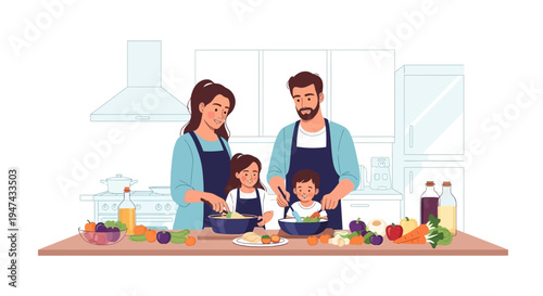 Vector illustration of a family of three preparing nutritious food together in a kitchen promoting healthy eating awareness on National Nutrition Month.