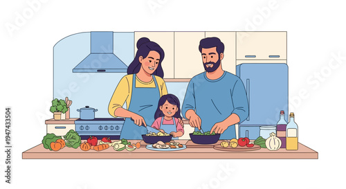 A family of three prepares a nutritious meal together in a kitchen, promoting healthy eating awareness on National Nutrition Month with fruits and vegetables.