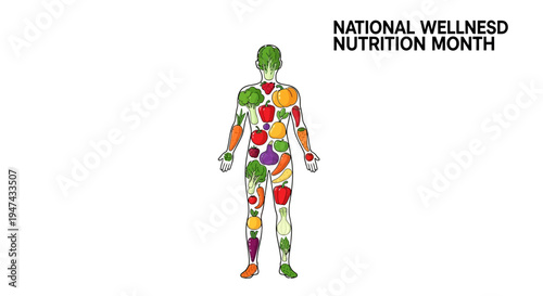 Vector illustration of a human figure composed of colorful fruits and vegetables for National Nutrition Month with a design promoting healthy eating awareness and nutrition.
