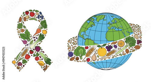 Vector illustration for National Nutrition Month with a ribbon and globe wrapped in fruits and vegetables on a white background, promoting healthy eating awareness and nutrition day