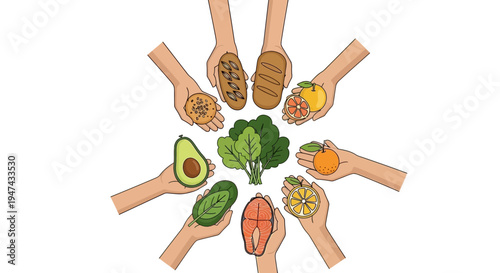 Illustration of diverse hands holding various fruits and vegetables for National Nutrition Month, promoting healthy eating awareness and nutritious food.