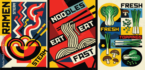 Dynamic Graphic Art Series Showcasing the Vibrant World of Noodles, Featuring Ramen, Fresh Ingredients, and Fast Culinary Delights