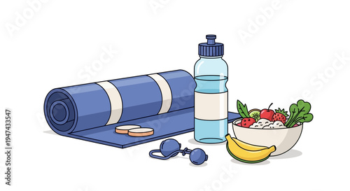 Vector illustration of a yoga mat, water bottle, dumbbells, banana, and salad bowl promoting healthy eating awareness and nutrition for a balanced lifestyle.