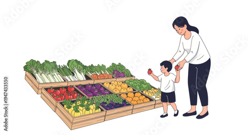 Illustration of a woman and child examining a vibrant produce stand with various fruits and vegetables for a healthy eating awareness campaign.