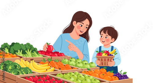 A woman and a child selecting fresh fruits and vegetables at a market, promoting healthy eating awareness and nutrition.