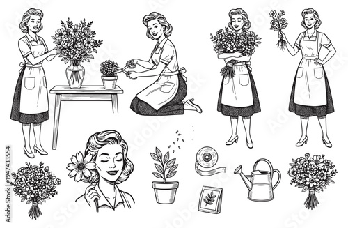Retro woman florist and gardener character set. 1950s style lady in apron arranging flowers, planting seeds, and holding bouquets. Hand-drawn vintage ink sketches for botanical branding.